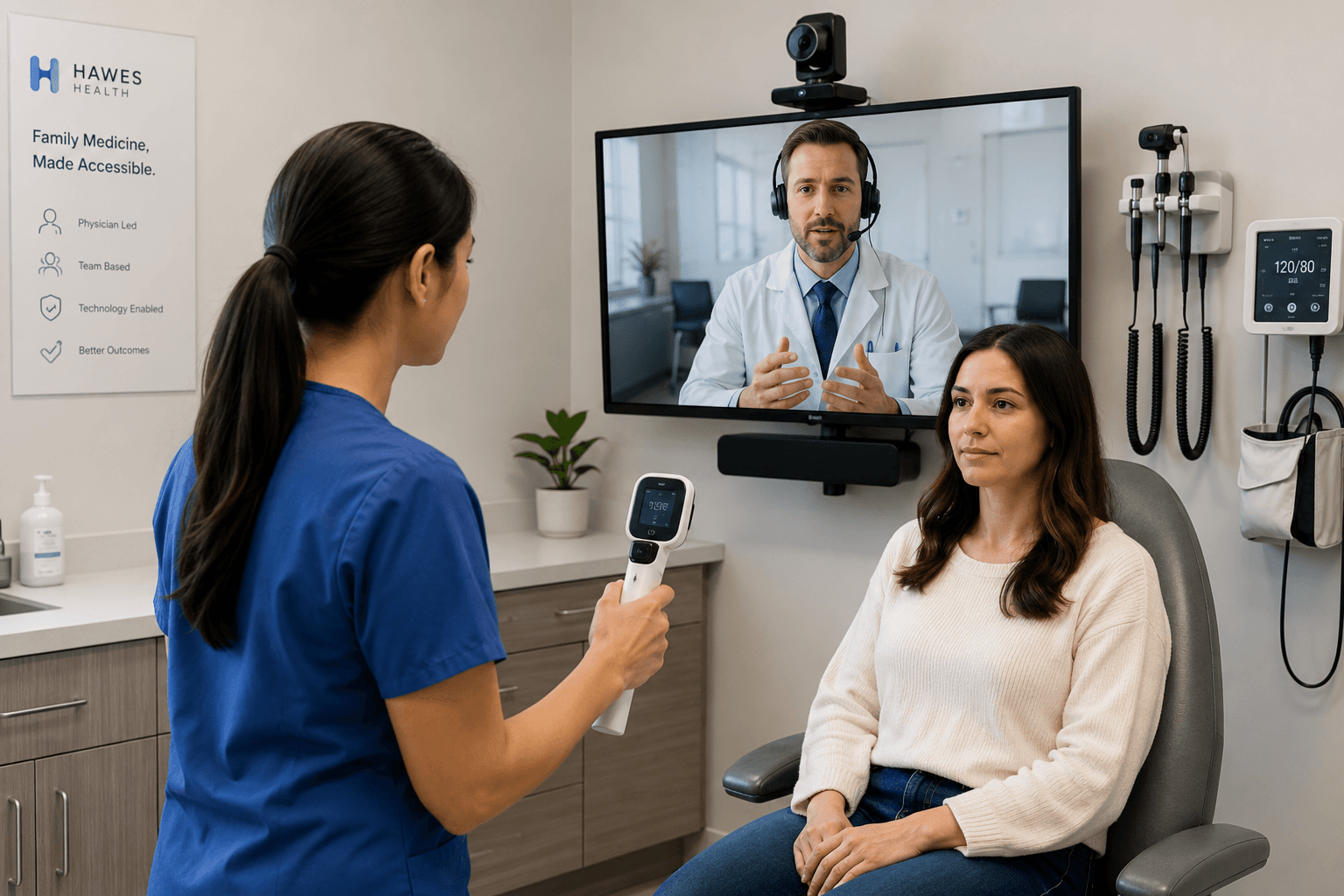 A nurse practitioner performs a hands-on examination of a seated patient while a physician joins the visit on a secure video monitor with a mobile HD examination camera